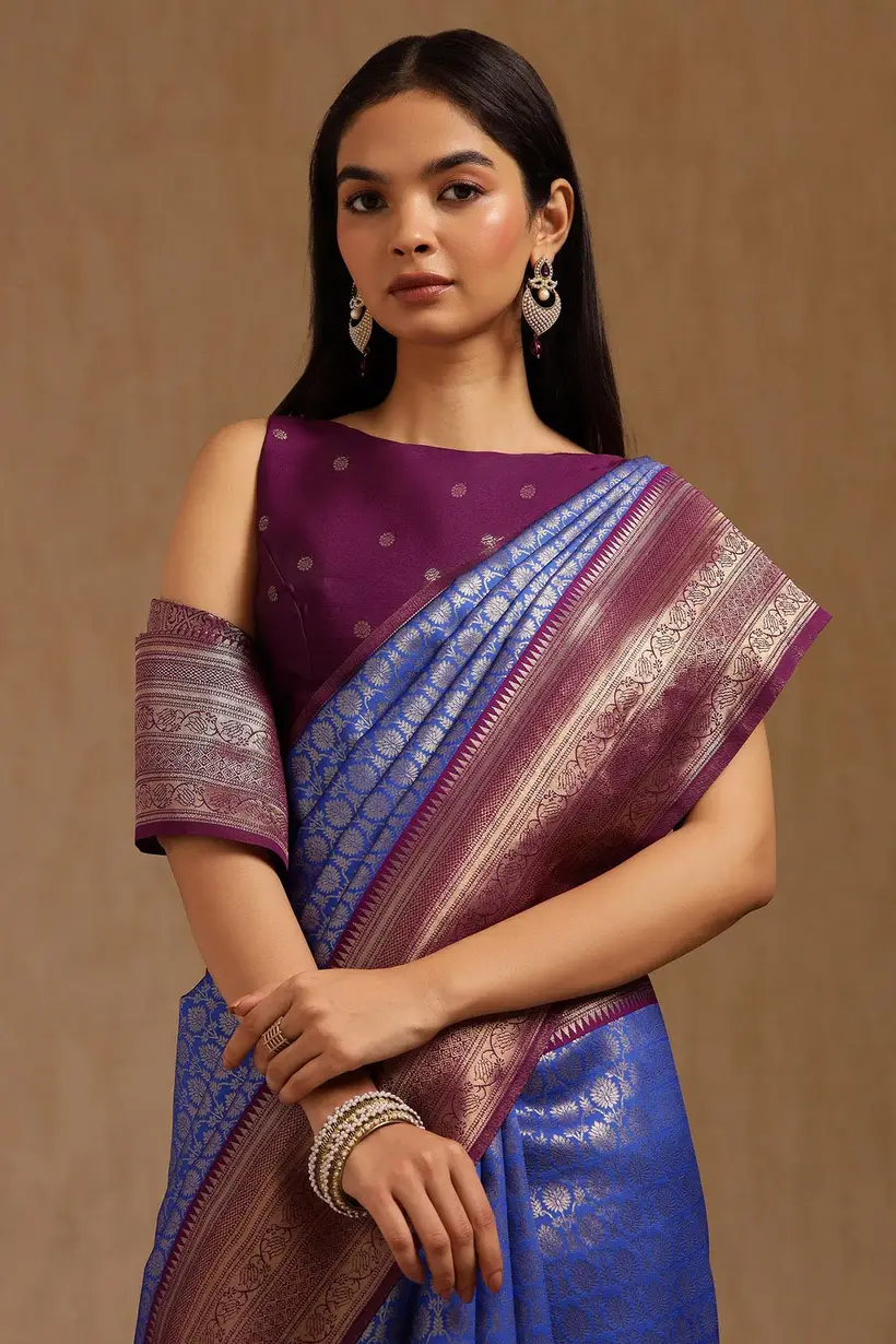 Blue Silk Blend Zari Woven Saree With Zari Woven
